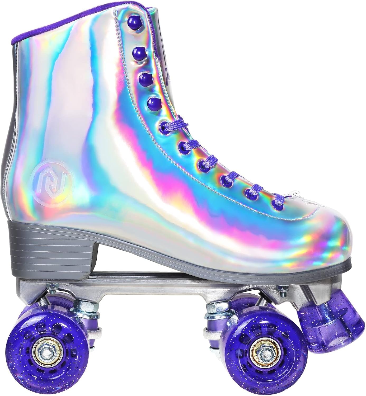 Roller Skates for Women, Holographic High Top PU Leather Rollerskates, Shiny Double-Row Four Wheels Quad Skates for Girls and Age 8-50 Indoor Outdoor (Silver Purple)