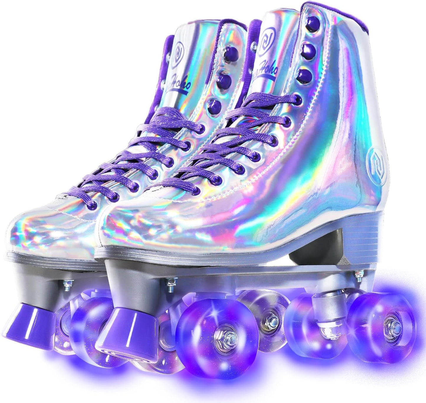 Roller Skates for Women, Holographic High Top PU Leather Rollerskates, Shiny Double-Row Four Wheels Quad Skates for Girls and Age 8-50 Indoor Outdoor (Silver Purple)