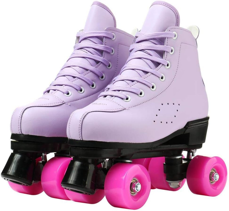 Roller Skates for Women and Men Cowhide High-Top Shoes Classic Double-Row Roller Skate Four-Wheel Roller Skates for Men Girls Unisex