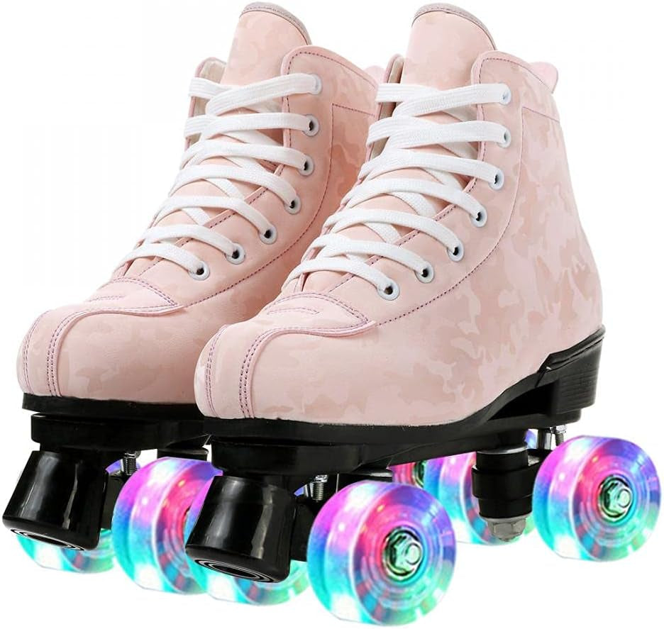 Roller Skates for Women and Men Cowhide High-Top Shoes Classic Double-Row Roller Skate Four-Wheel Roller Skates for Men Girls Unisex Christmas